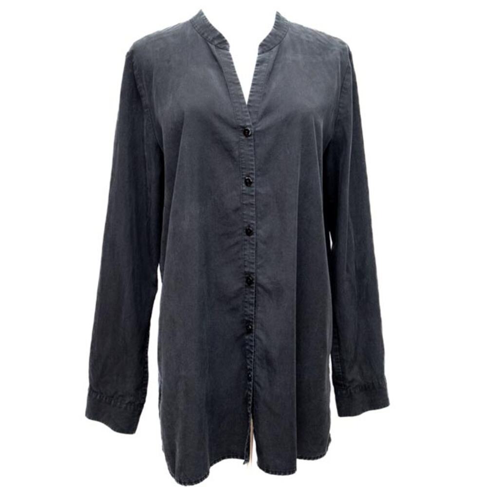 Eileen Fisher Black Silky V-Neck Button Down Shirt Size Medium